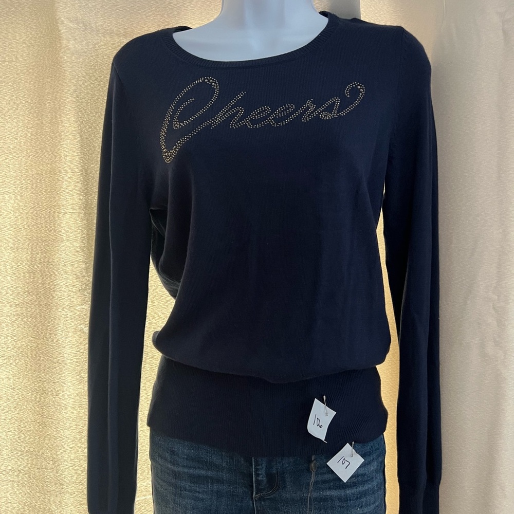 White House Black Market Navy Sweater with Embellished 'Cheers'